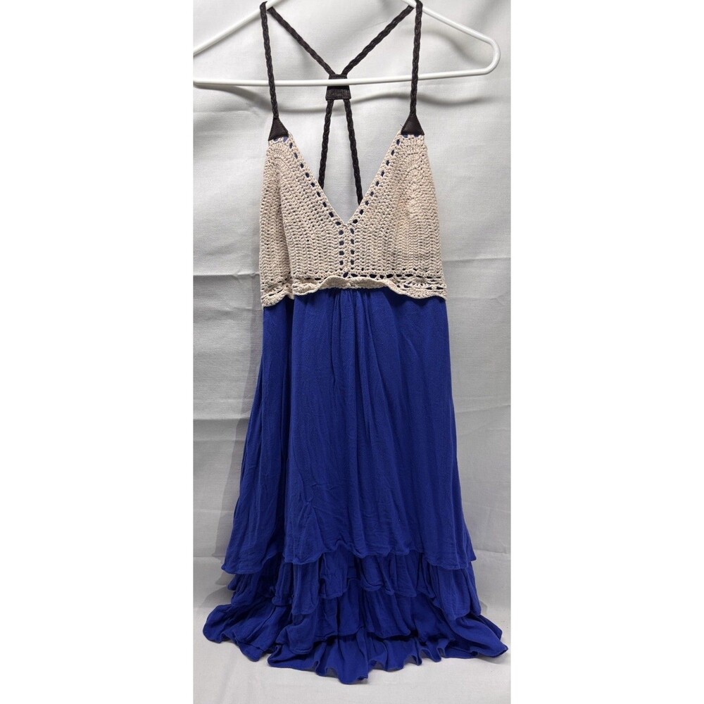 Boho Crochet Top Maxi Dress Womens Blue Cream Halter Tie Back Flowy Festival